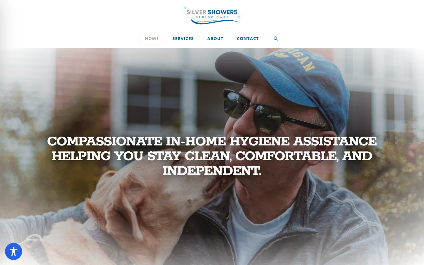 Silver Showers Senior Care homepage with its logo and in-home hygiene assistance headline