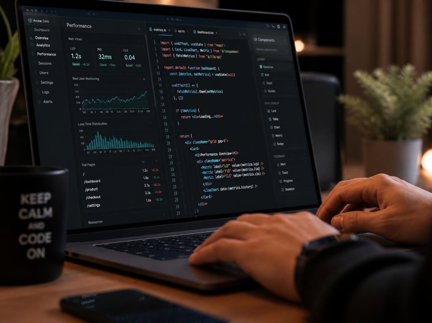 Developer workstation with code and performance dashboards