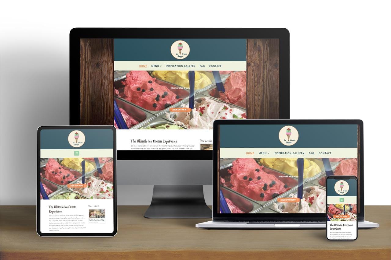 Ice Cream Shoppe website shown on desktop, tablet and mobile