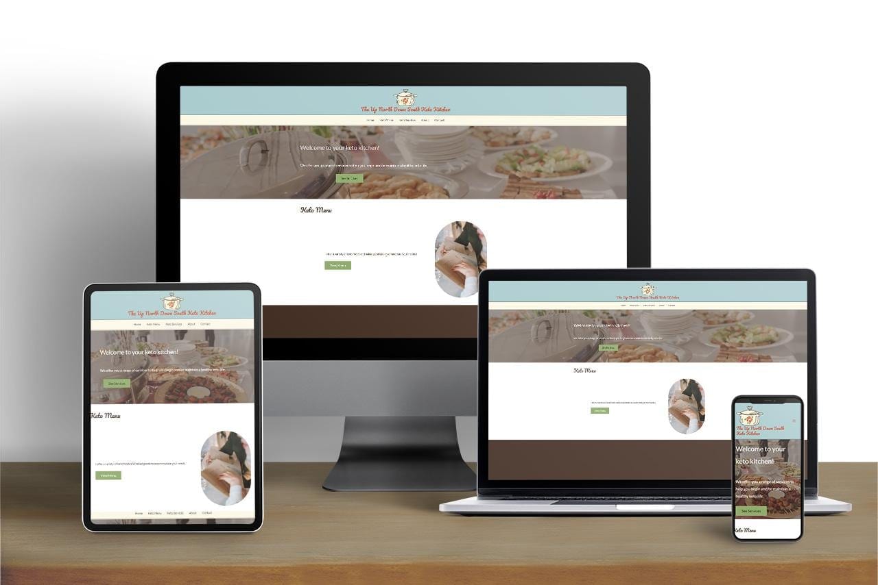 Up North Down South Keto Kitchen website shown on desktop, tablet and mobile