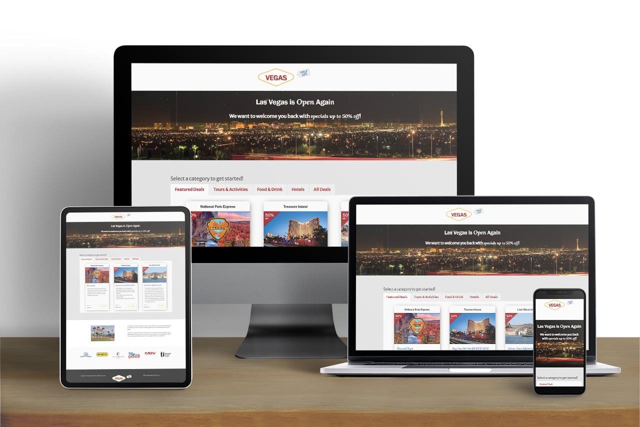 Vegas Half Off website shown on desktop, tablet and mobile