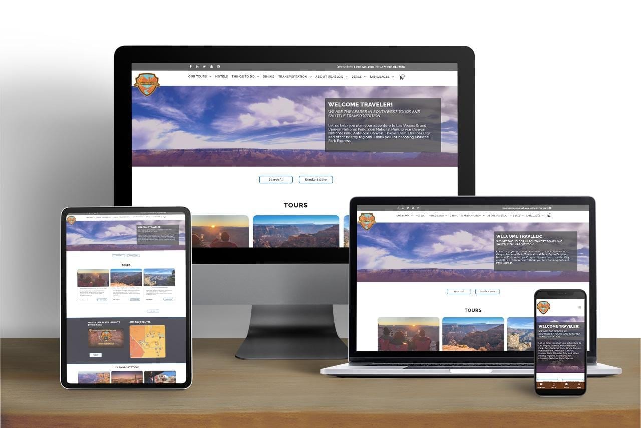 National Park Express website shown on desktop, tablet and mobile