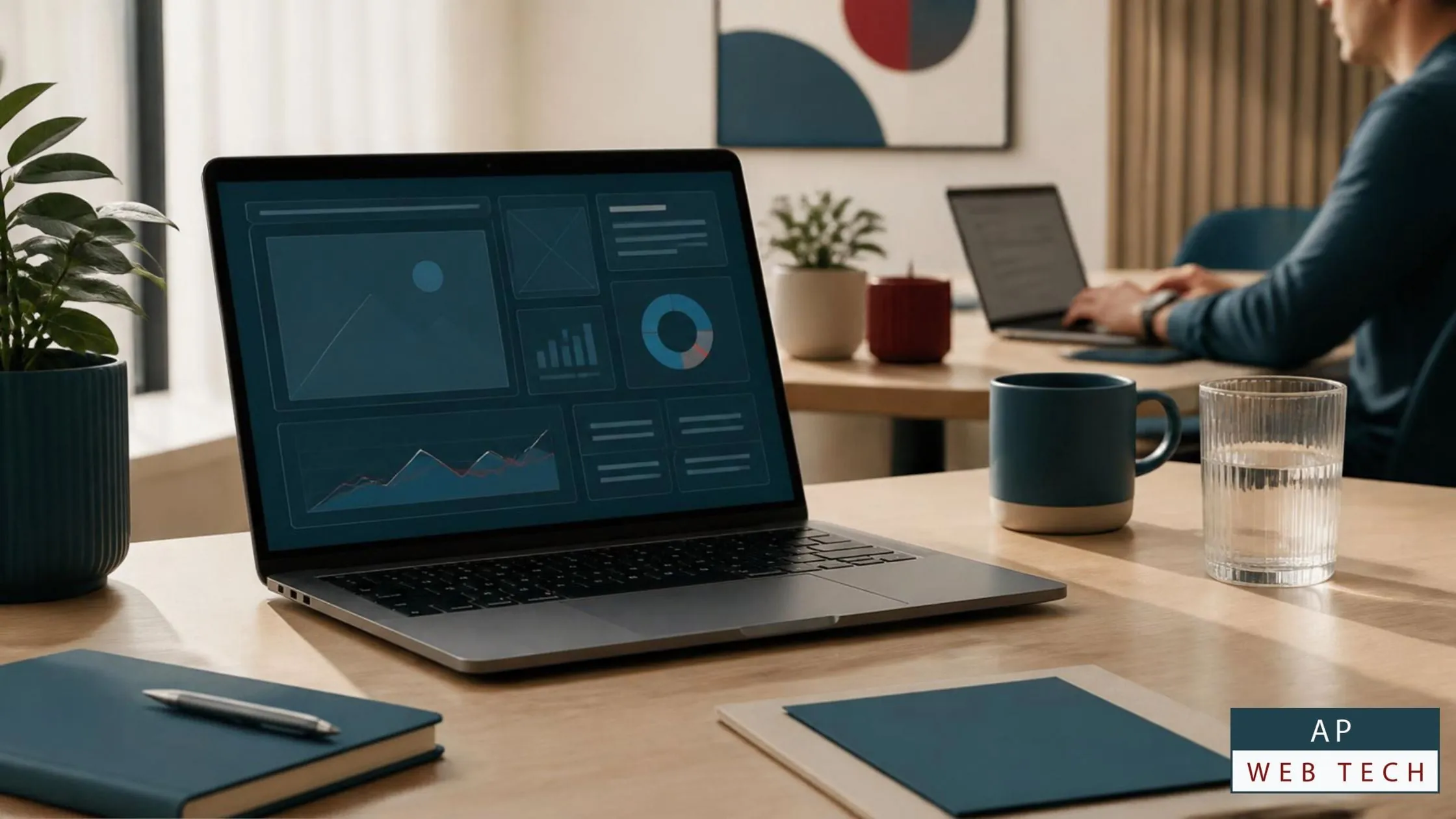 Modern web agency workspace with laptops displaying analytics dashboards, representing how professional agencies uncover hidden website and business problems through data-driven insights.