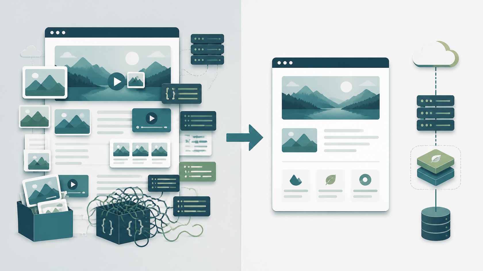 Conceptual before-and-after website comparison showing a cluttered, resource-heavy page beside a streamlined version with optimized assets.
