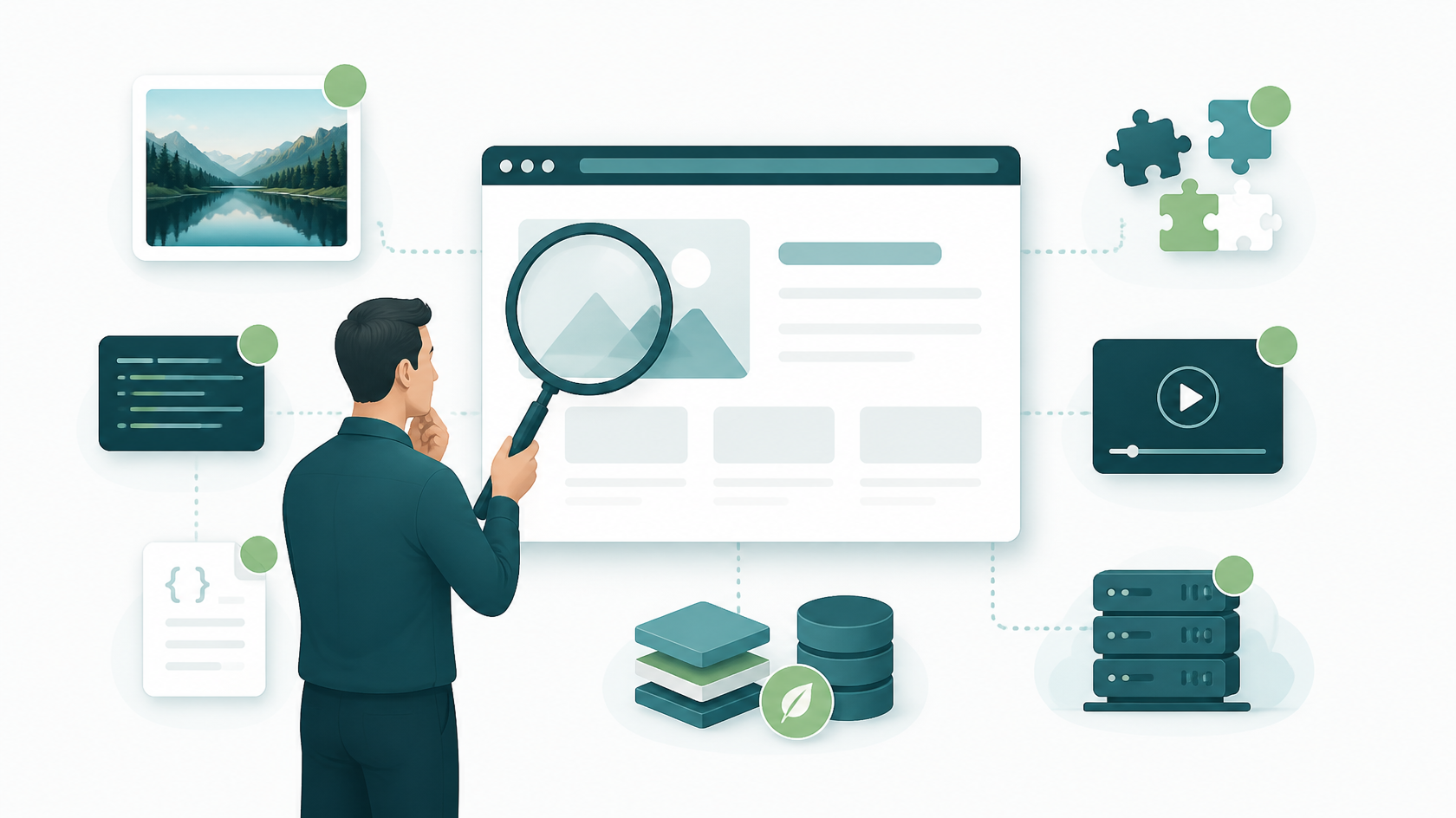 Website owner reviewing a performance diagnostic with oversized images, plugins, scripts, and video embeds represented as potential bottlenecks.