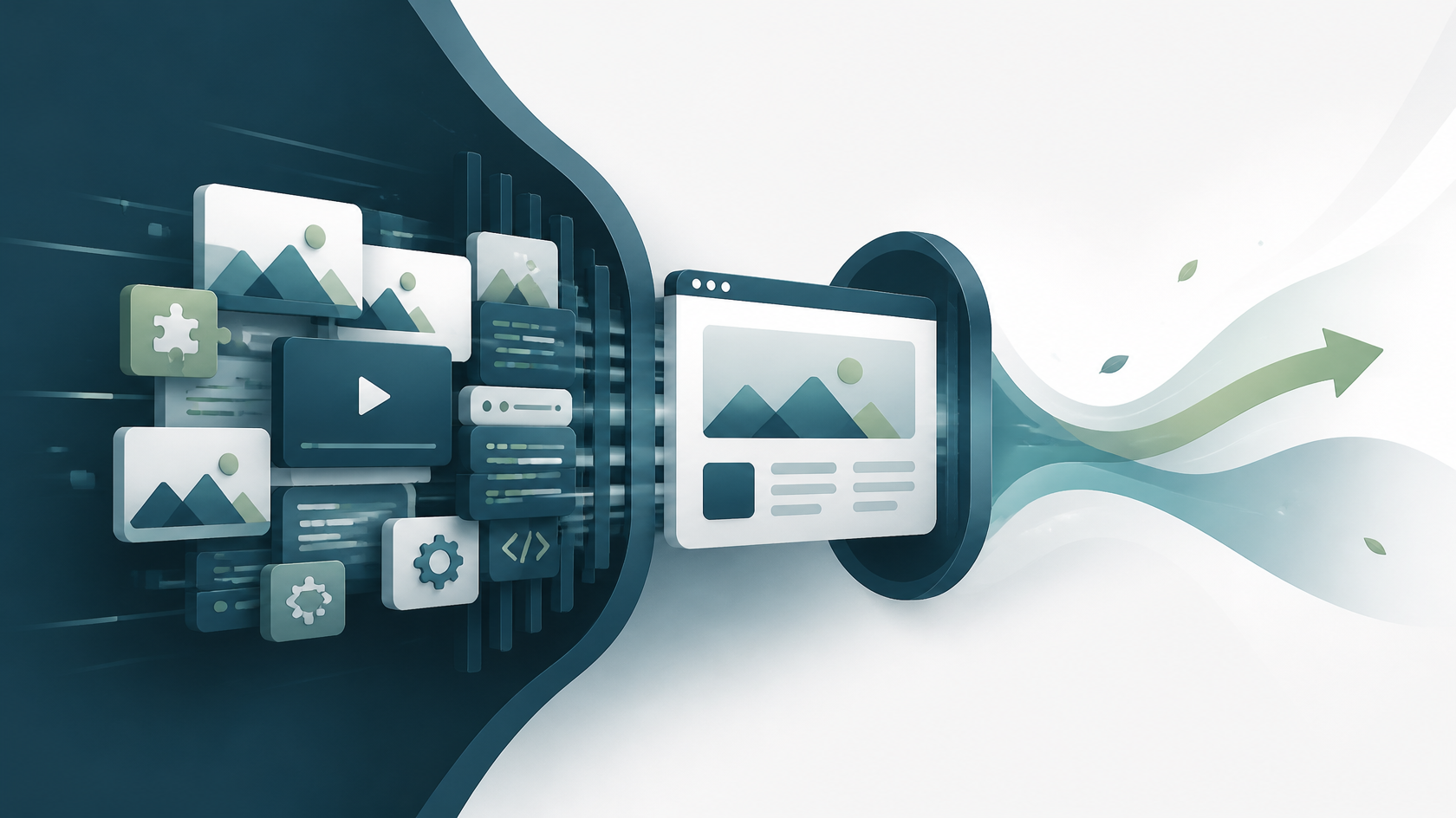 Conceptual browser slowed by oversized images, website modules, scripts, and video resources creating a digital bottleneck.